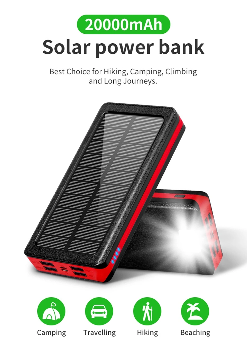 Portable Outdoor Style 10000 20000 30000 50000mAh Travel Waterproof USB/Type-C /Micro Mobile Phone Share Charger Mini Solar Power Bank with Flash Light