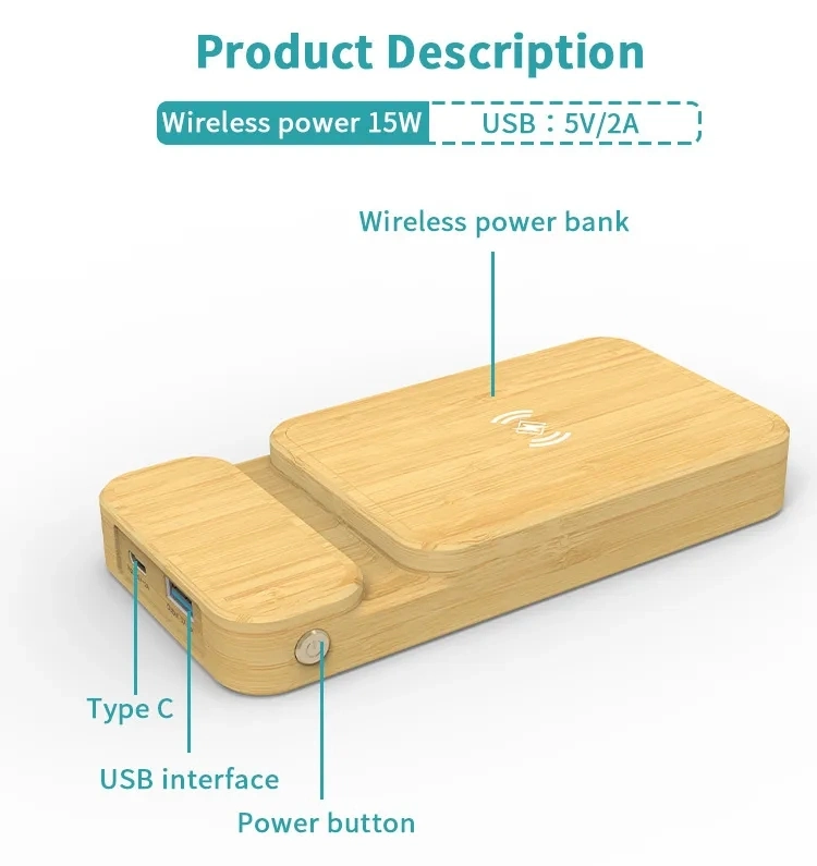 4000mAh Bamboo Wood Design Wireless Charger Treasure Mobile Power Bank with Bracket Can Be Printed Logo