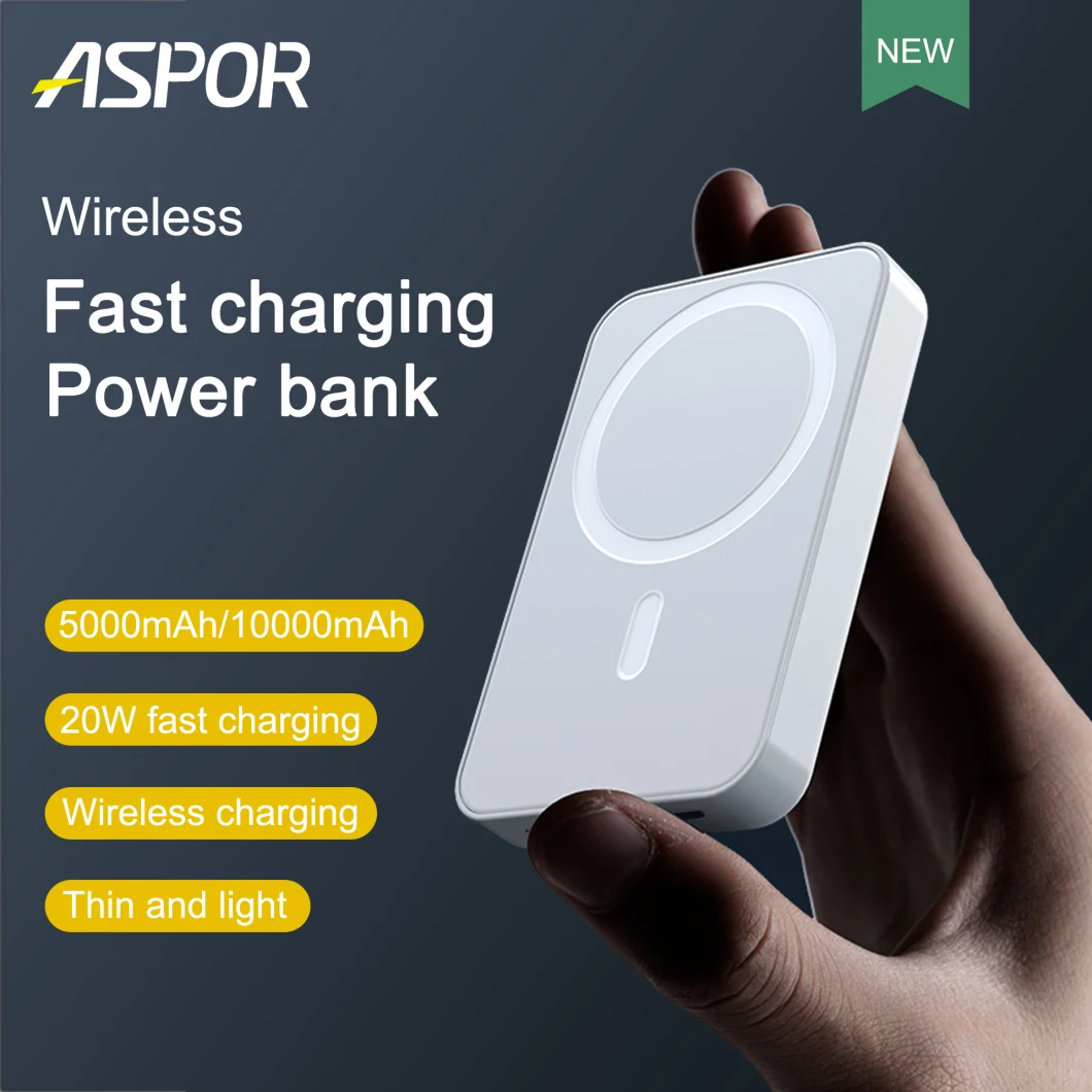 2022aspor New Black and White Large Capacity Wireless Power Bank Lithium Battery 10000mAh 18.5W Total Output 20W